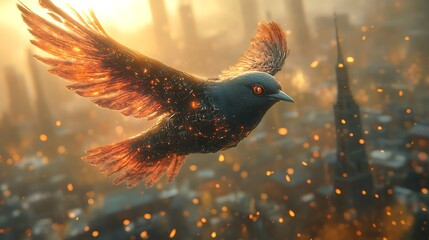 Fototapeta premium Fiery bird soaring over a burning city