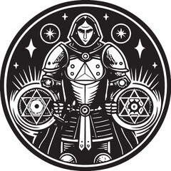 Vector cartoon illustration of a pirate with a treasure chest, a vintage design symbol