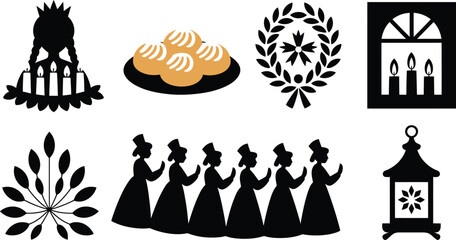 Sweden Saint Lucia celebration girls candle wreath pastry lantern window culture symbols vector set