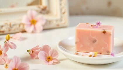 Beautiful handcrafted soap with floral decorations on a light table surrounded by delicate pink blossoms