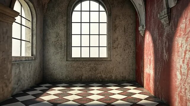 Elegant Interior with Arched Windows and Checkered Floor Design Showcase