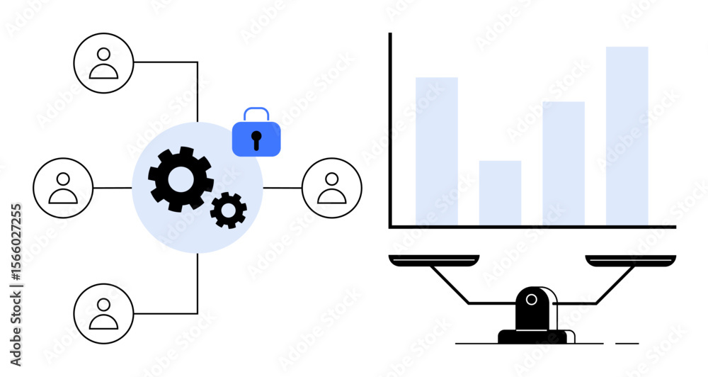 Poster connected users, secured gears, lock symbolizing data security, scale, and bar graph balancing decis