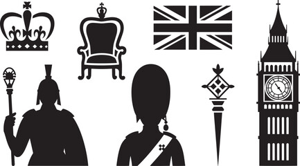 United Kingdom crown throne flag guard Big Ben queen vector icons for British royal culture