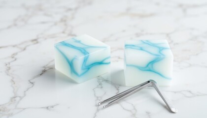 Unique blue and white marbled soap bars on a marble surface with a metal tool for cutting or shaping