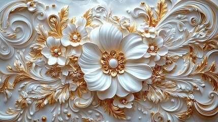 Elegant floral relief design showcasing white flowers with gold accents and intricate ornamental elements on a luxurious background