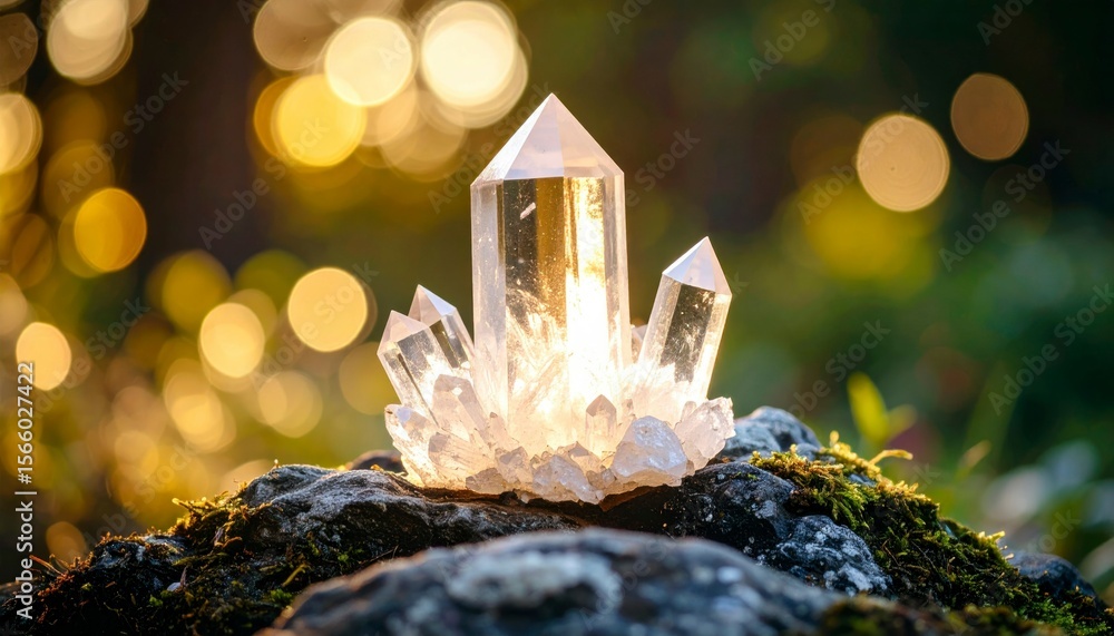 Aufkleber illuminated quartz crystal cluster on a rough rock with golden bokeh lights in a nature setting isol