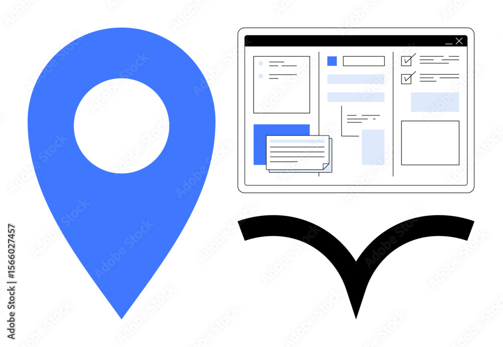 Poster blue map pin symbol, web interface dashboard mockup for tracking or planning, and abstract curve ele
