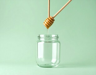 Honey Dripping From Wooden Dipper Above Glass Jar On Pastel Green Background Isolated Background