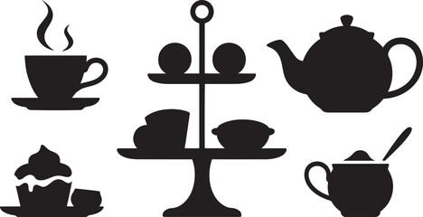 British tea cup teapot sugar cupcake stand biscuit icons for United Kingdom tea culture