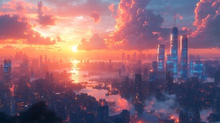 Fototapeta premium Futuristic city sunset skyline illustration