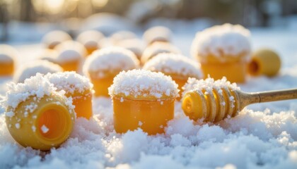 Snow-covered honey jars with drizzler resting on fluffy white snow during a sunny winter afternoon
