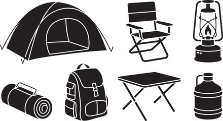 Backpacking camping tent mat table chair lantern backpack bottle vector icon gear set © MC Creative
