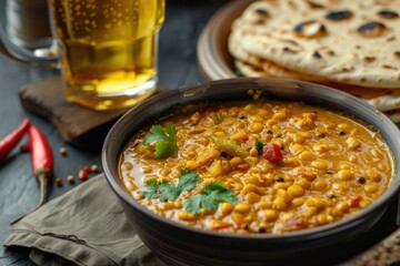 High Resolution of Indian Tarka Dal Curry with Roti and Beer