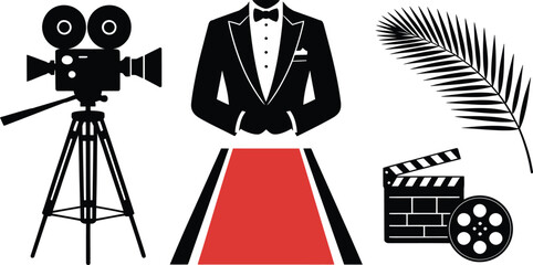 Film Festival Camera Red Carpet Tuxedo Palm Clapper Icon Set for Movie Event and Cinema Design