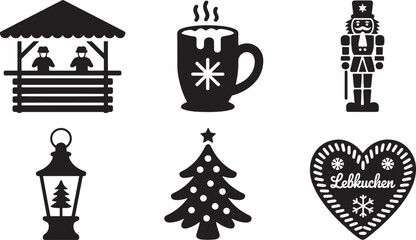German Christmas Market Mug Nutcracker Lantern Tree Lebkuchen Icon Set for Holiday and Winter Design
