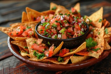 Sharp Image of Nachos with Fresh Salsa on Rustic Background