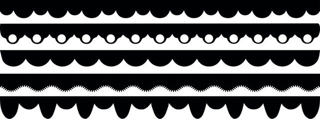 Scalloped edge seamless set. borders and dividers. Simple scalloped border. Repeat cute vintage frill ornament. Texture ribbons. Vector illustration isolated on white background.