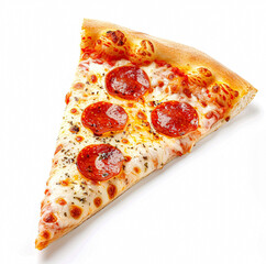A perfect slice of pepperoni pizza, featuring melted mozzarella cheese and rich tomato sauce on a golden crust, isolated on white. AI generated