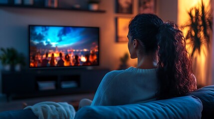 A woman enjoying television at home watching a show comfortable and relaxed on the couch in a cozy living room setting