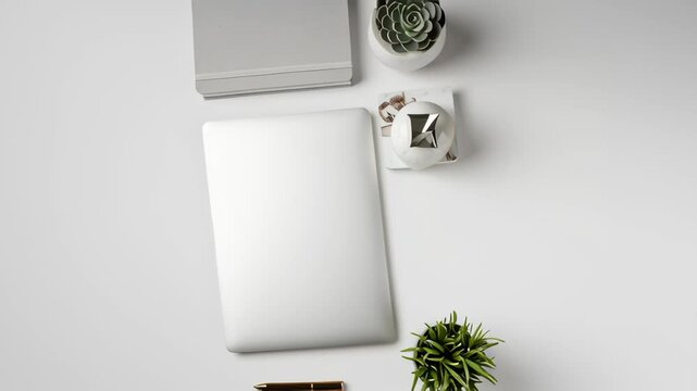 Perfectly Organized Clean Desk with Laptop and Plant