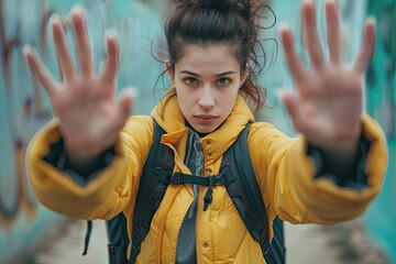 Vibrant Color Image of Young Woman with Backpack Showing Her Hands High Quality Photo
