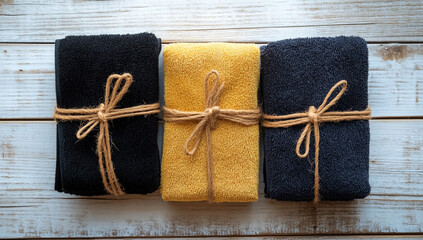 Fototapeta premium Four towels wrapped in brown string on a light wooden background, one is black and the other three are mustard yellow and navy blue