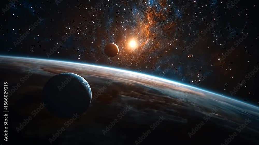 Poster a dramatic outer space scene with a large planet dominating the foreground, its surface textures det