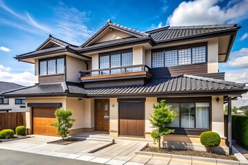 Fototapeta premium Large house with a black roof and a white exterior