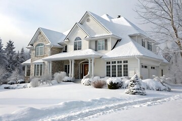 Large white house with a snow covered roof