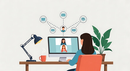 Woman in Blue Shirt Attending Video Call on Computer with Desk Lamp and Plant
