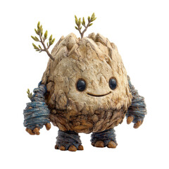 A whimsical creature made of wood and leaves, smiling happily. transparent background