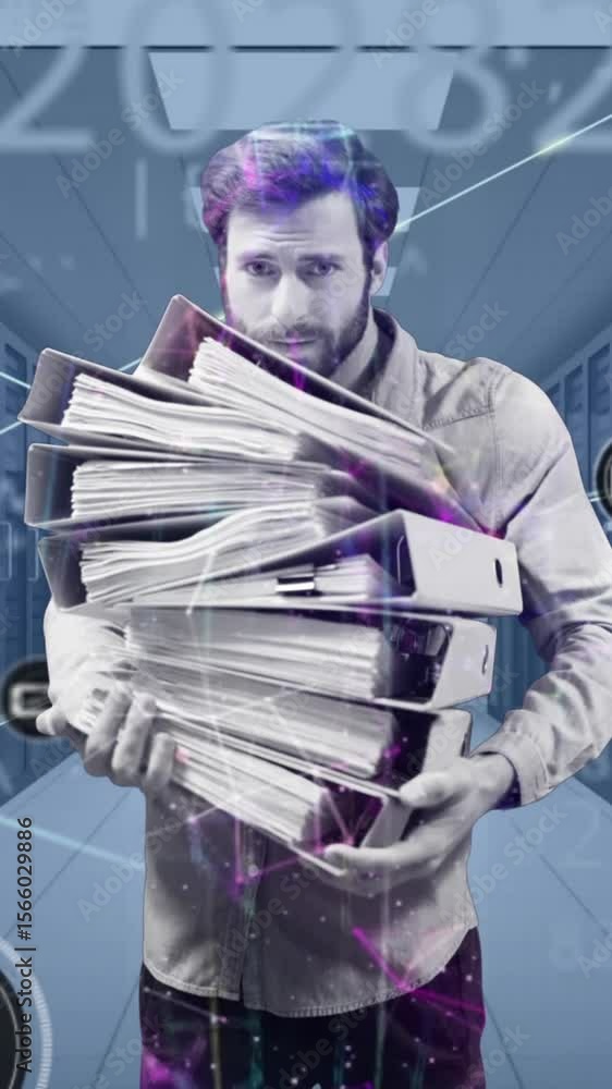 Poster animation of network of connections with caucasian man and data processing over server room
