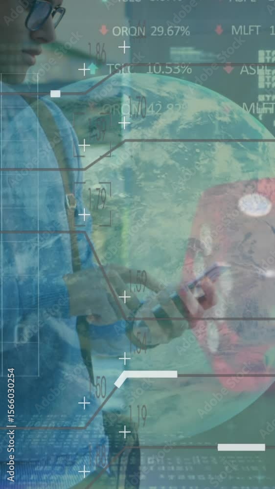 Poster animation of globe with dices and data processing over caucasian businessman using smartphone