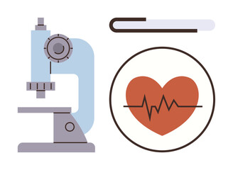 Microscope, red heartbeat line inside a heart, and test tube highlighting science, innovation, and wellness. Ideal for healthcare, research, diagnostics, education lab work medicine biology