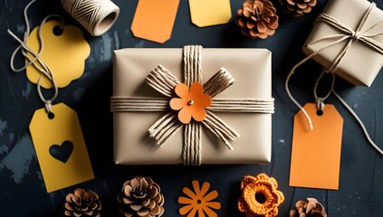 Rustic Gift Wrapping Flat Lay: Kraft Paper Package with Orange Accents
