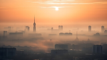 Misty Cityscape at Sunrise with Silhouetted Skyline and Tower