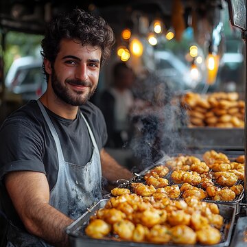 Fototapeta Greek chef frying street snack