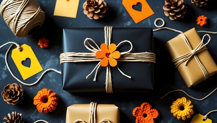 Rustic Gift Wrapping Flat Lay: Kraft Paper Package with Orange Accents
