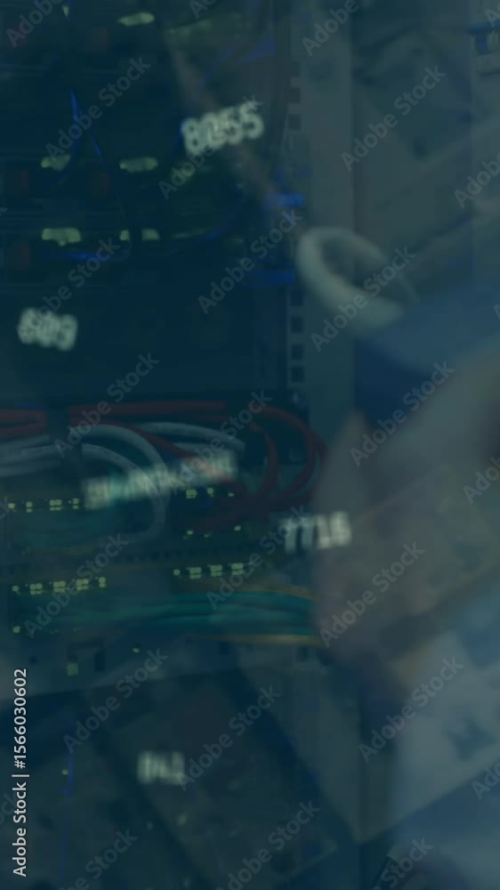 Poster animation of changing numbers over mid section of a male engineer holding a device in server room