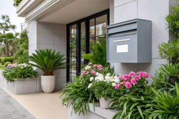Modern mailbox hanging on building facade with plants and flowers growing nearby