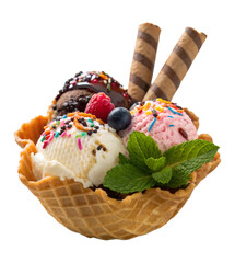 Colorful ice cream sundae in a waffle cone bowl isolated on transparent background