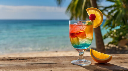A colorful welcome drink served in a stylish glass, placed on a rustic wooden plank or table by the beach. The drink can include tropical elements such as fruit slices, mint leaves, or a cocktail  