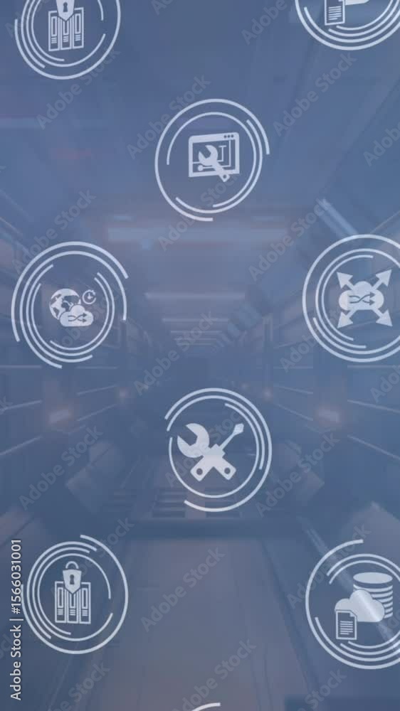 Poster animation of multiple digital icons against neon tunnel in seamless pattern