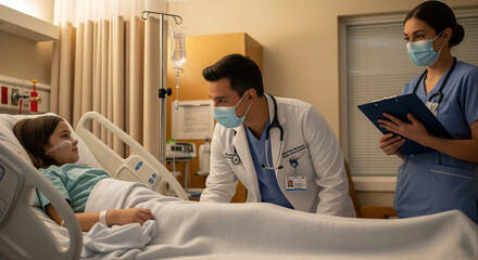 Obraz premium Medical team consulting over patient in hospital bed