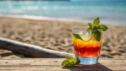 A colorful welcome drink served in a stylish glass, placed on a rustic wooden plank or table by the beach. The drink can include tropical elements such as fruit slices, mint leaves, or a cocktail  