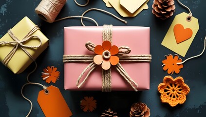 Rustic Gift Wrapping Flat Lay: Kraft Paper Package with Orange Accents
