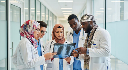 Muslim doctors discussing X-ray in hospital hallway