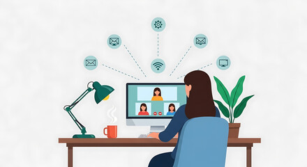 Woman in Blue Shirt Attending Video Conference on Computer at Desk