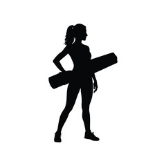 Silhouette of a woman holding a yoga mat, fitness and exercise concept