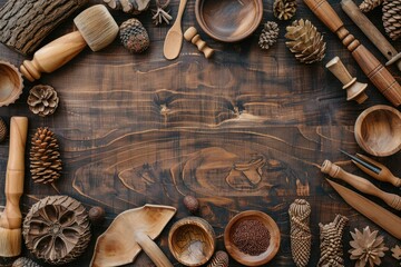 High Resolution Visual of Wood Crafting Objects Arrangement